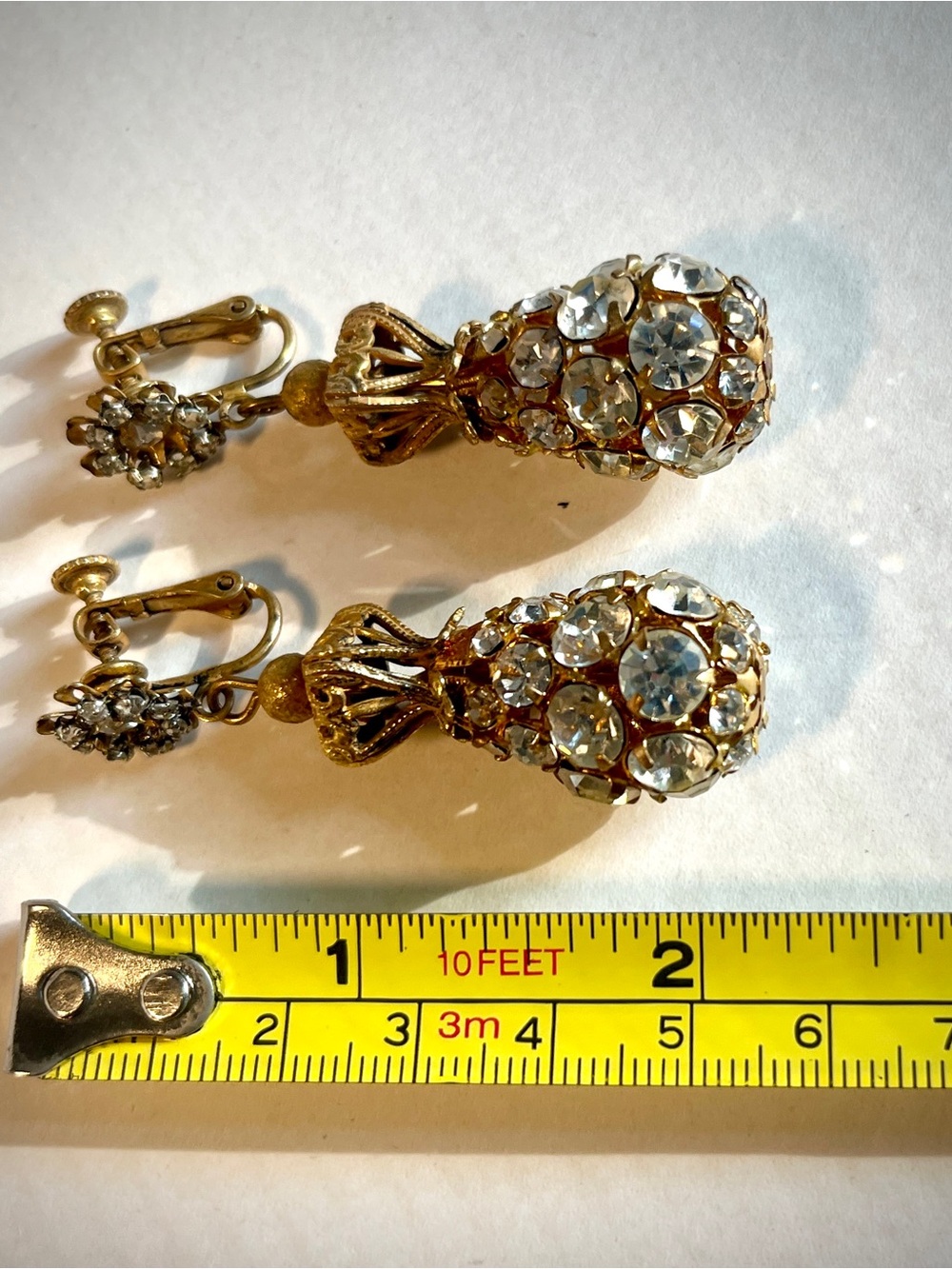 Signed | Miriam Haskell Vintage Drop Gold Rhinestone Screw-Back Earrings - Picture 12 of 13